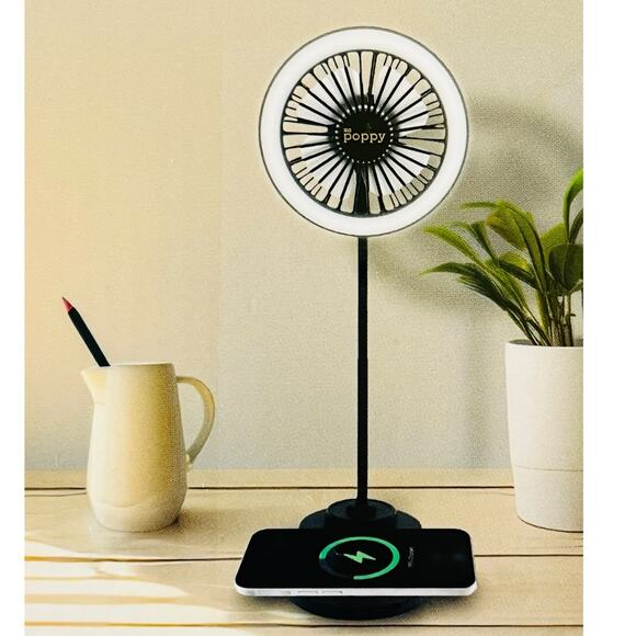 NEW Poppy FAN LAMP WIRELESS CHARGER 3in1 Flexible Neck LED Ring Light USB - Picture 4 of 6